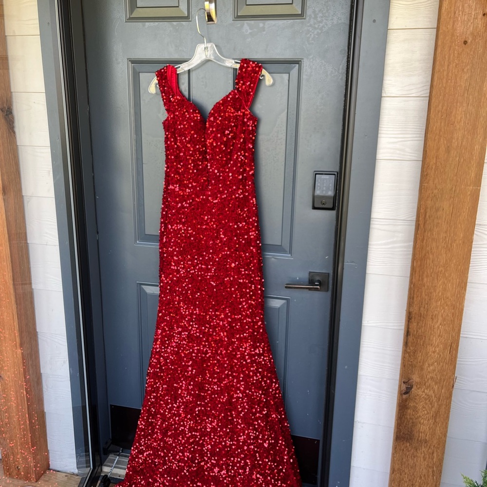 Alyce Paris Off-Shoulder Red Sequin Prom Gown - Picture 2 of 9